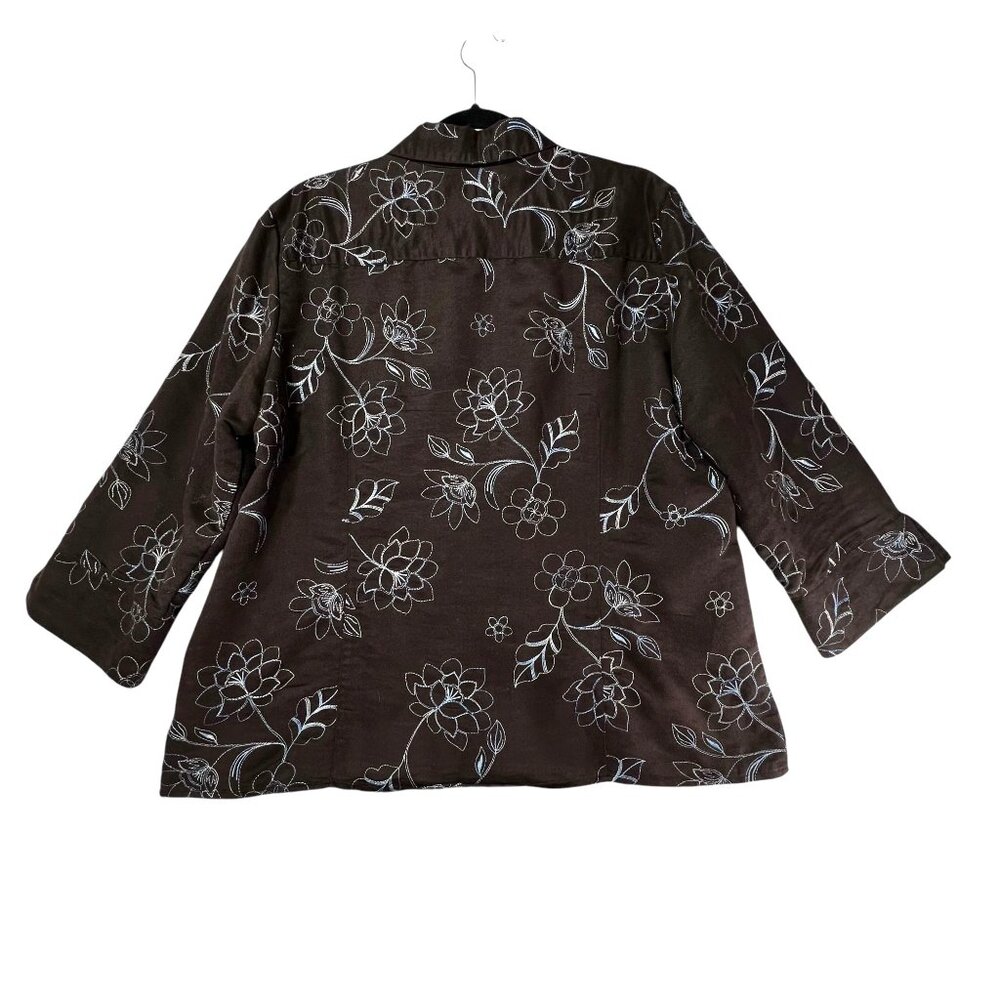 Sag Harbor Brown Floral Embroidered Button-Up Jacket XL Velour textured